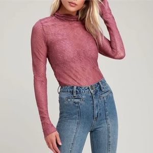 Free People Pink Mauve Lace Sheer Long Sleeve Turtleneck Comfy Top Shirt